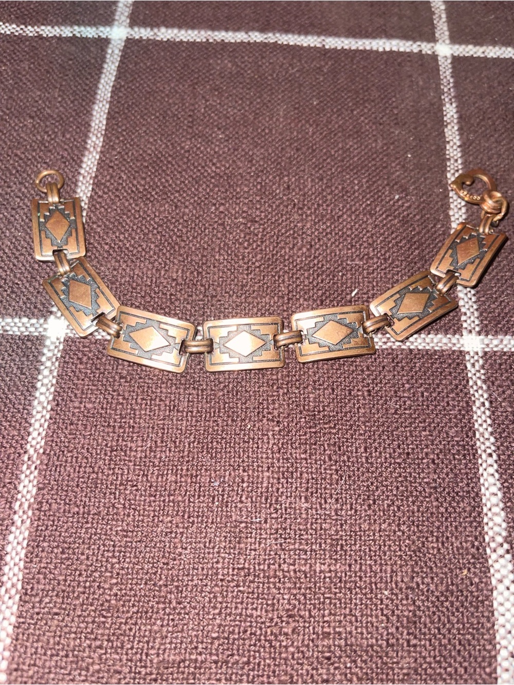 Vtg Solid Copper Bracelet Panel Link Diamond Southwestern Sister Hook 7”